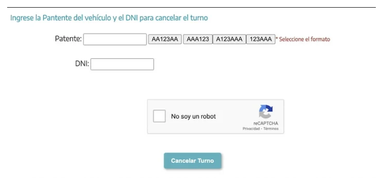 Pantalla para cancelar el turno de la VTV en San Miguel con patente y DNI